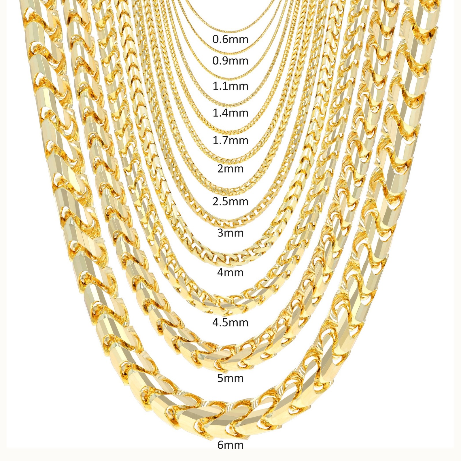 14K Yellow Gold Solid Franco 0.6mm-6mm Diamond Cut Spiga Chain Necklace 16″- 30″