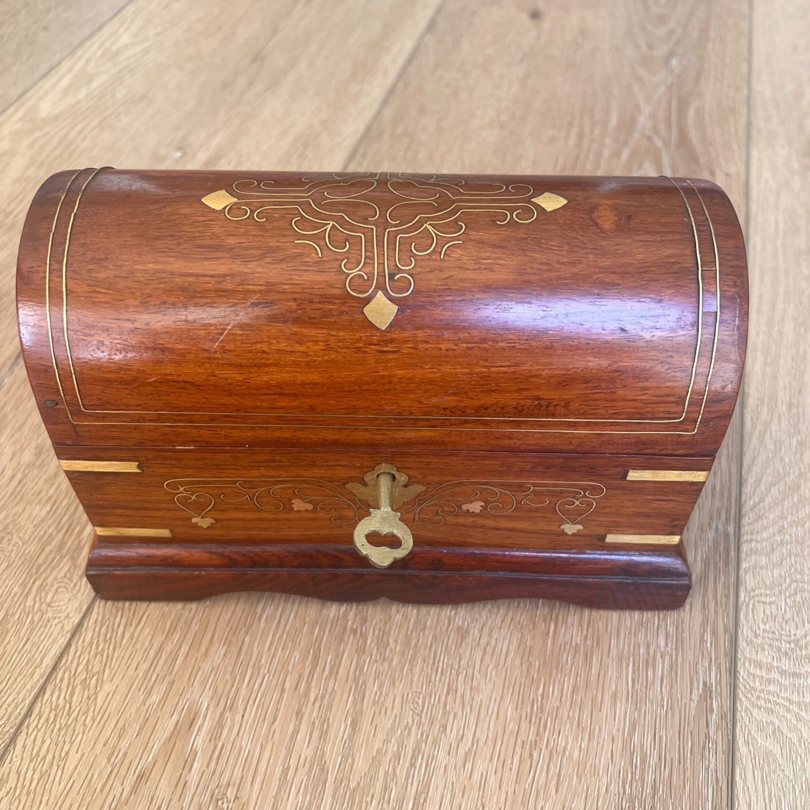 Vintage Wooden Jewelry Box Dome Top Brass Inlay Chest with Key Keepsake Box