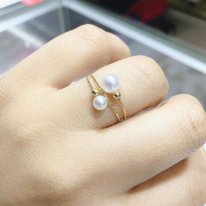 Stunning AAA+ 7-5mm real natural AKOYA WHITE round adjustable pearl rings 18k