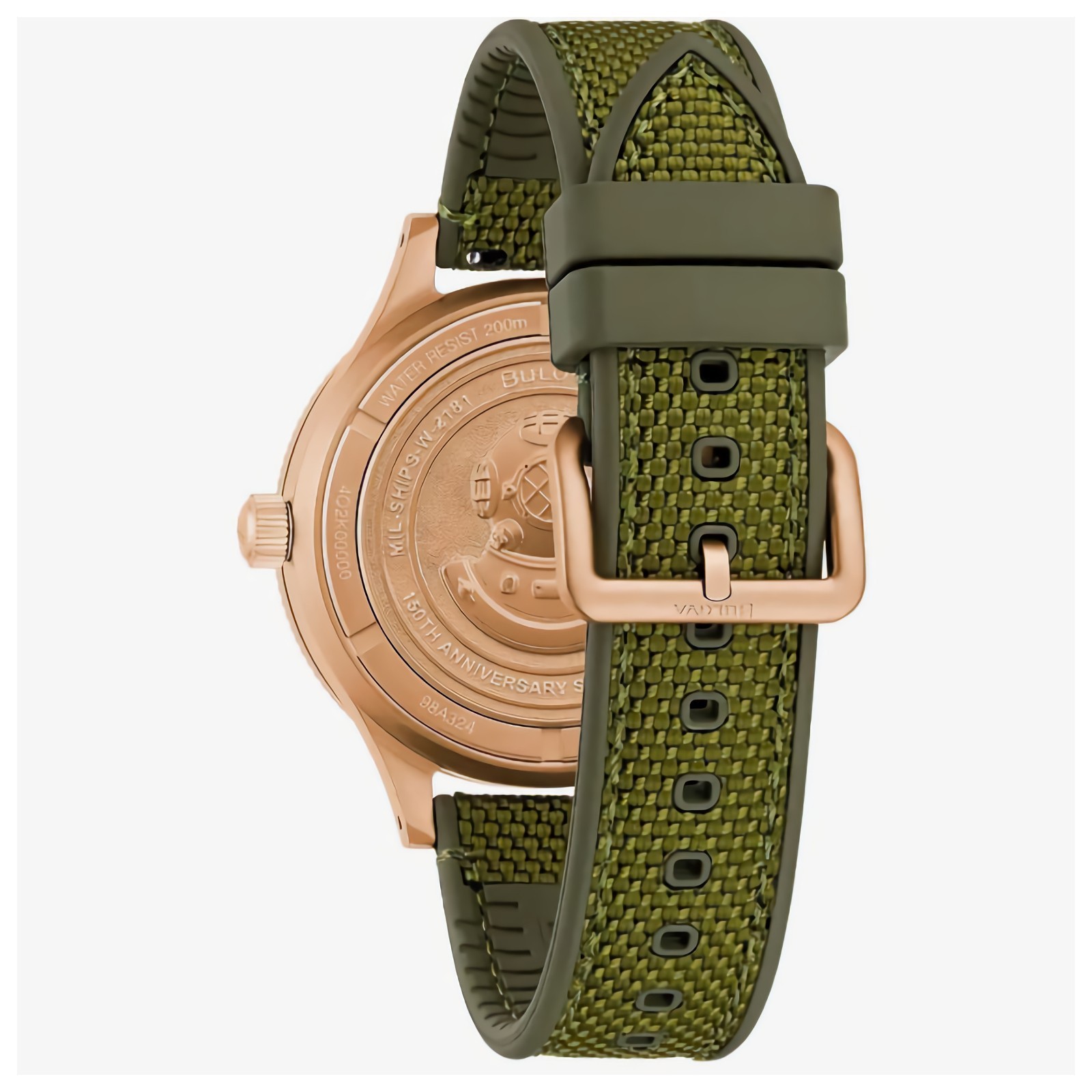 Bulova MIL-SHIPS 98A324 Automatic Green Dial Bronze Case CORDURA Strap Men Watch