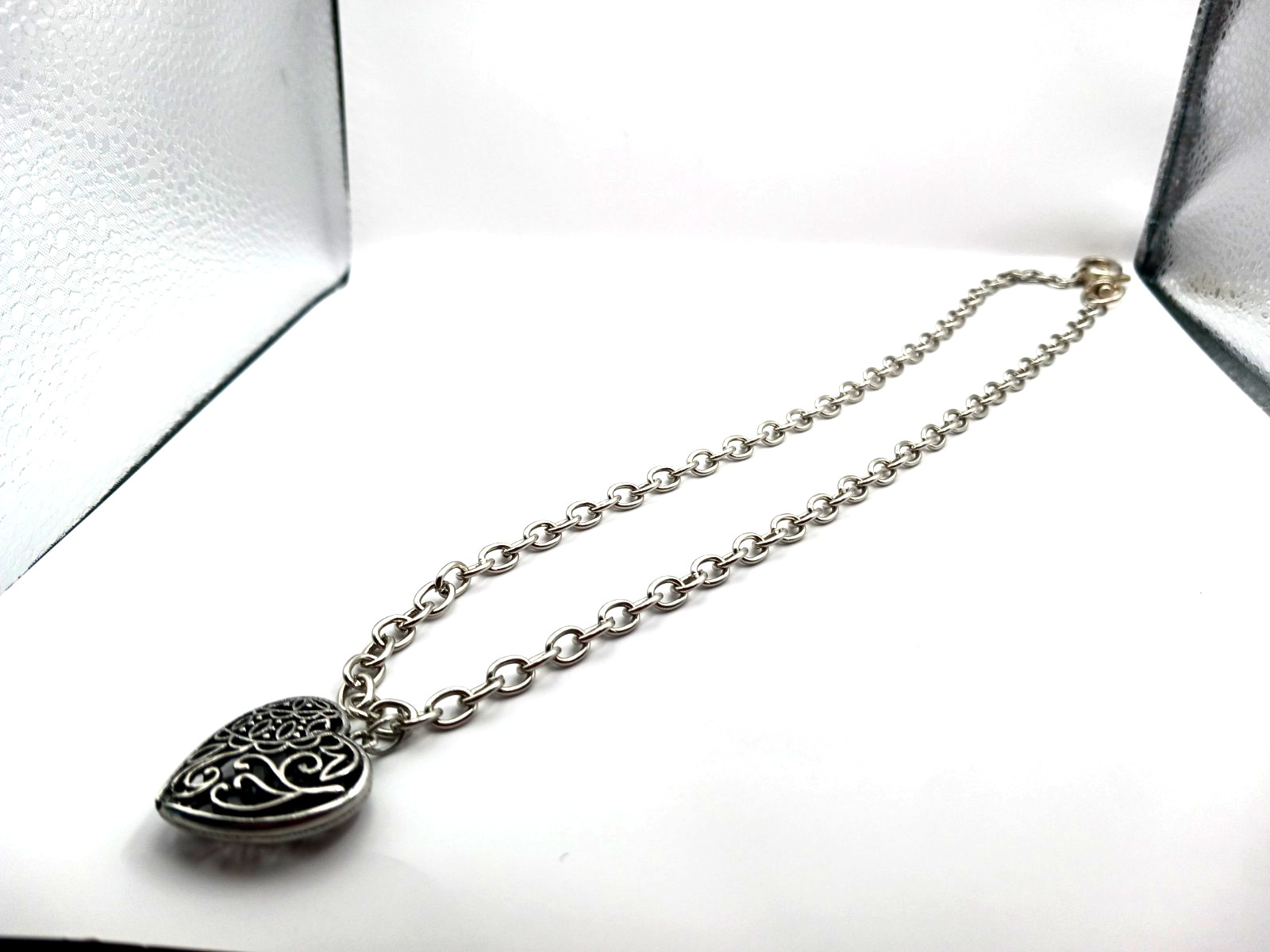 Black + Silver Gothic Heart Pendant with Silvertone Chain 21 Inches