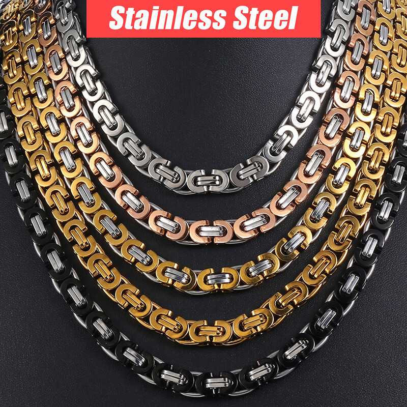 6/8/10mm Cut Flat Byzantine Chain Stainless Steel Women Men Necklace or Bracelet