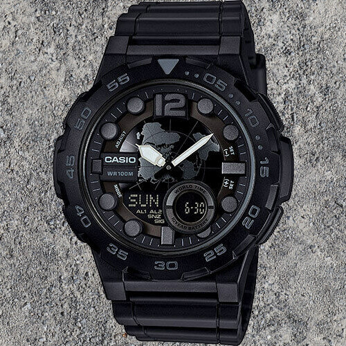 Casio AEQ-100W-1BV Mens Black 100M World Time Digital/ Analog Sports Watch New