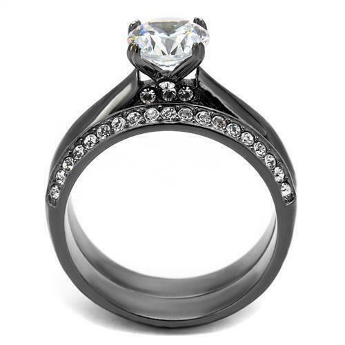 Brilliant 1.75Ct Round Cubic Zircon CZ AAA Light Black Ip Wedding Set Tk2797