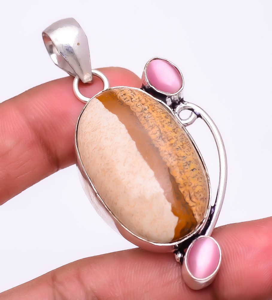 Natural Picture Jasper & Cat’S Eye 925 Silver Plated Jewelry Pendant 2.2″ M152