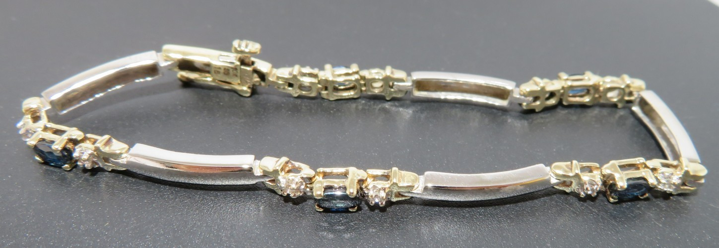 10K 2TONE LADIES BLUE SAPPHIRE & DIAMOND TENNIS BRACELET 8″ LONG 9.82g(A22062-3)