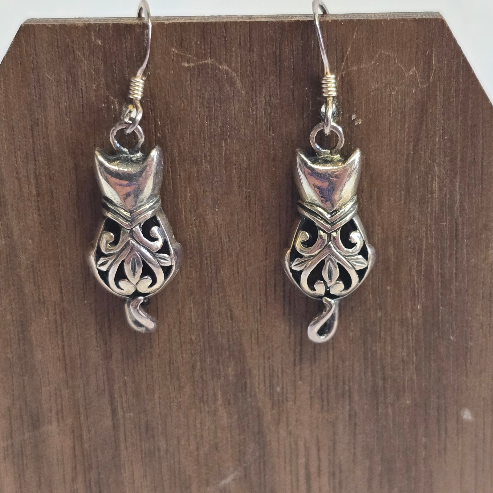 Sterling Silver Earrings 3.94g Fine Jewelry Figural Cat Dangle Hook