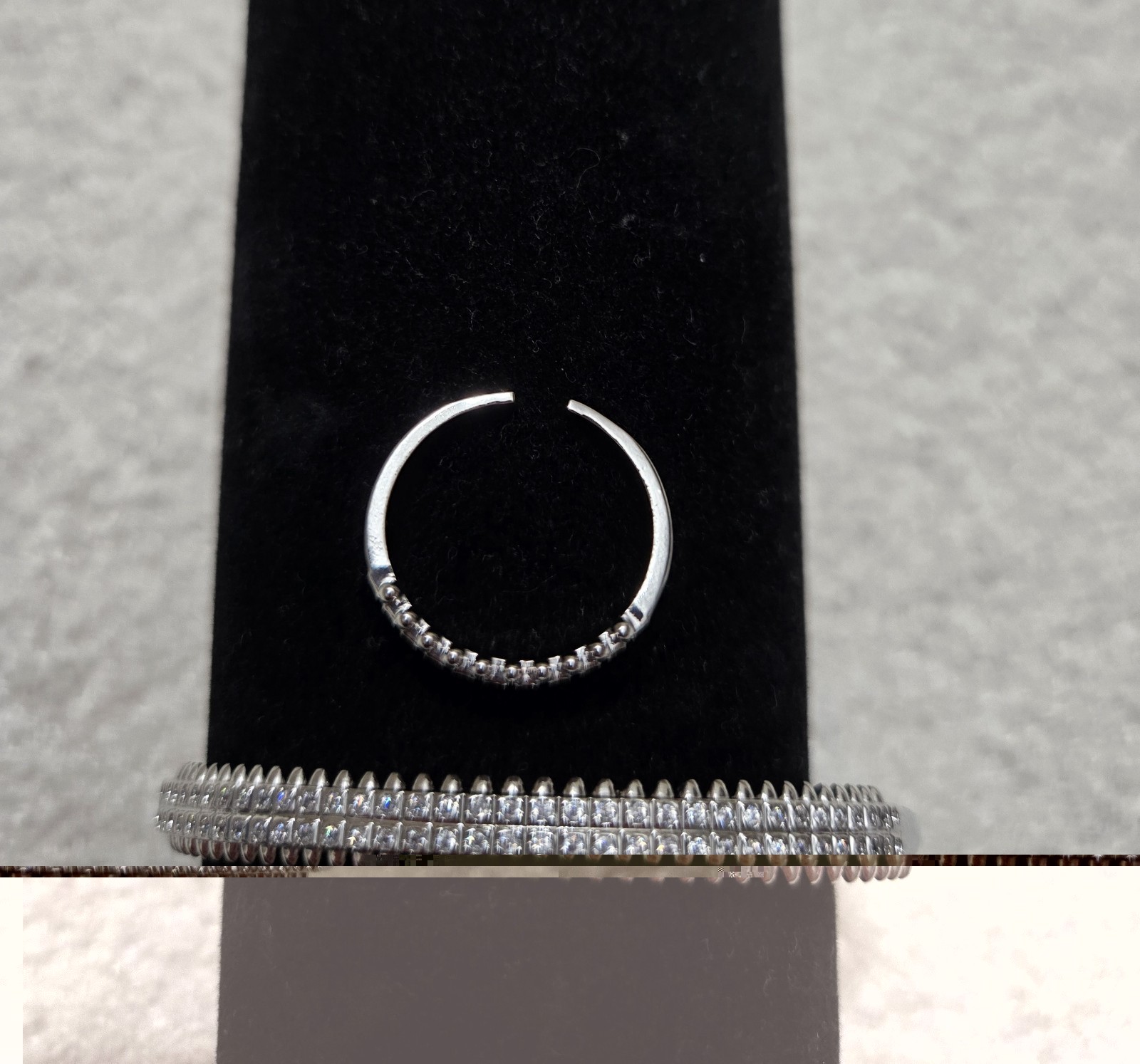 Silver Tone Pavé Round Clear Crystal Bangle Bracelet, Matching Ring Set