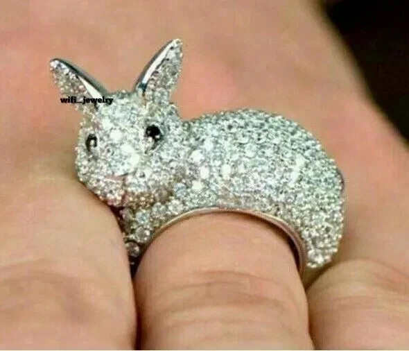 Rabbit Charm Wedding Ring in 1.90Ct Round Cut Moissanite 14K White Gold Plated