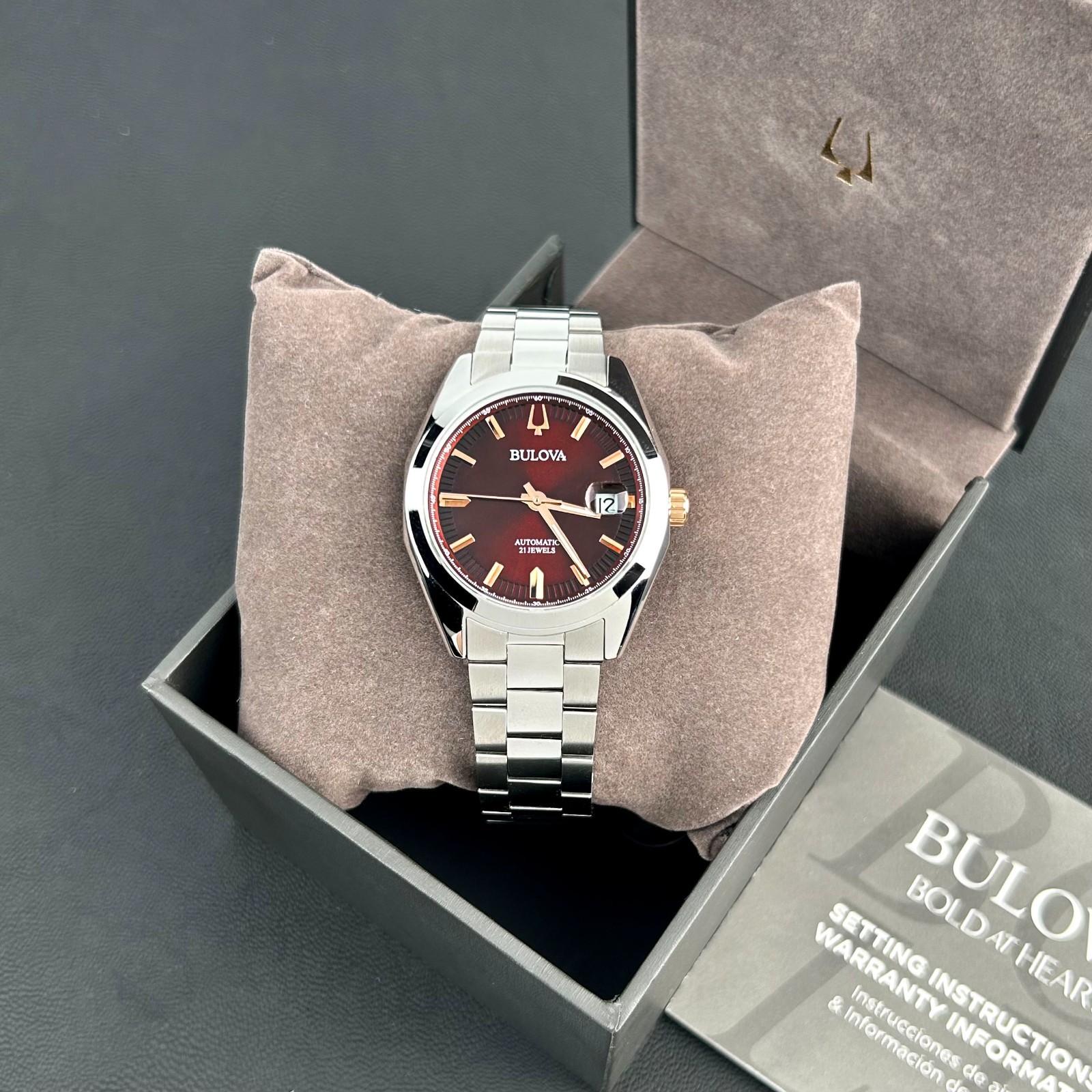 Bulova Surveyor 98B422 Automatic Red Dial Men’s Stainless Steel Watch 39MM