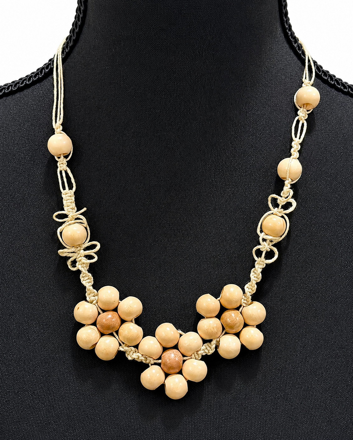 Vintage Style Boho Wood Bead Bib Necklace Handmade Macrame Jewelry 24 in