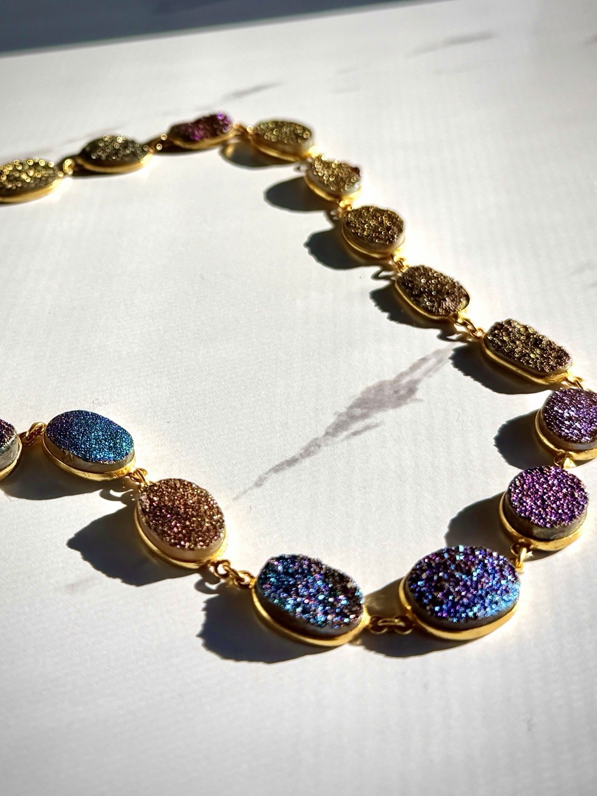 Gold Plated Sterling Silver Multi Color Druzy Link Station Necklace Rainbow New