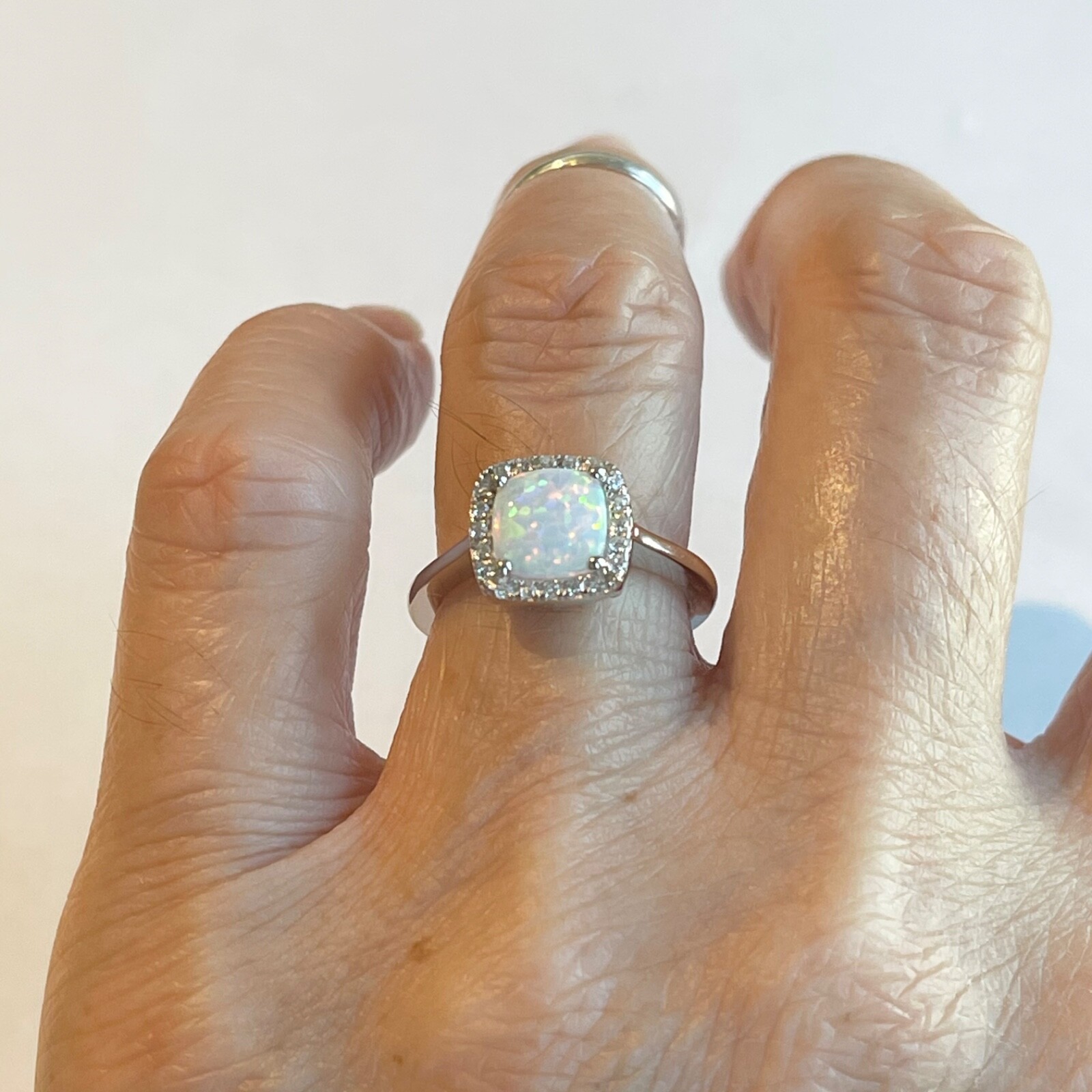Sterling Silver Square White Lab Opal Ring, Silver Rings, CZ Ring, Wedding Ring