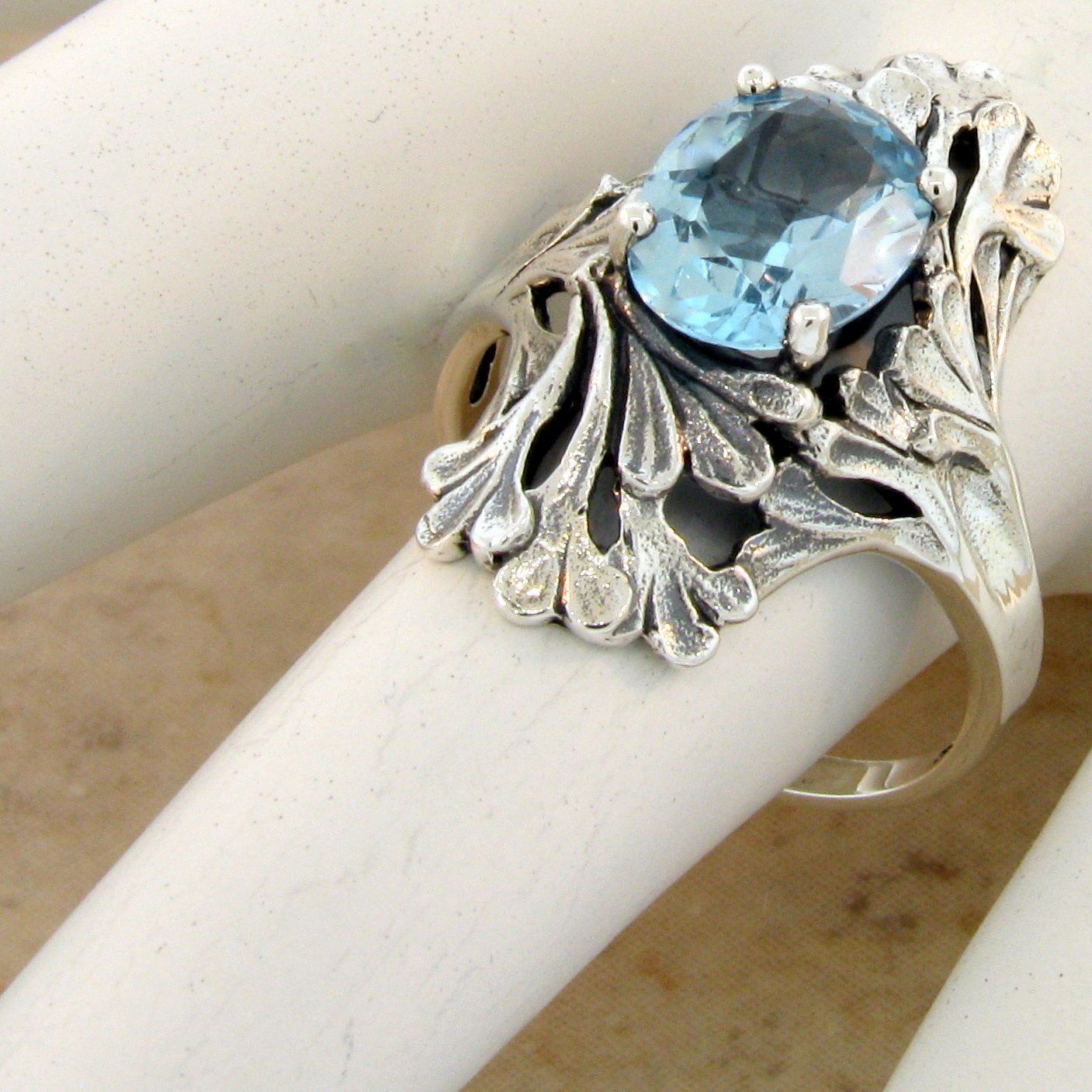 3 Ct GENUINE BLUE TOPAZ ART NOUVEAU STYLE 925 STERLING SILVER RING 915Z