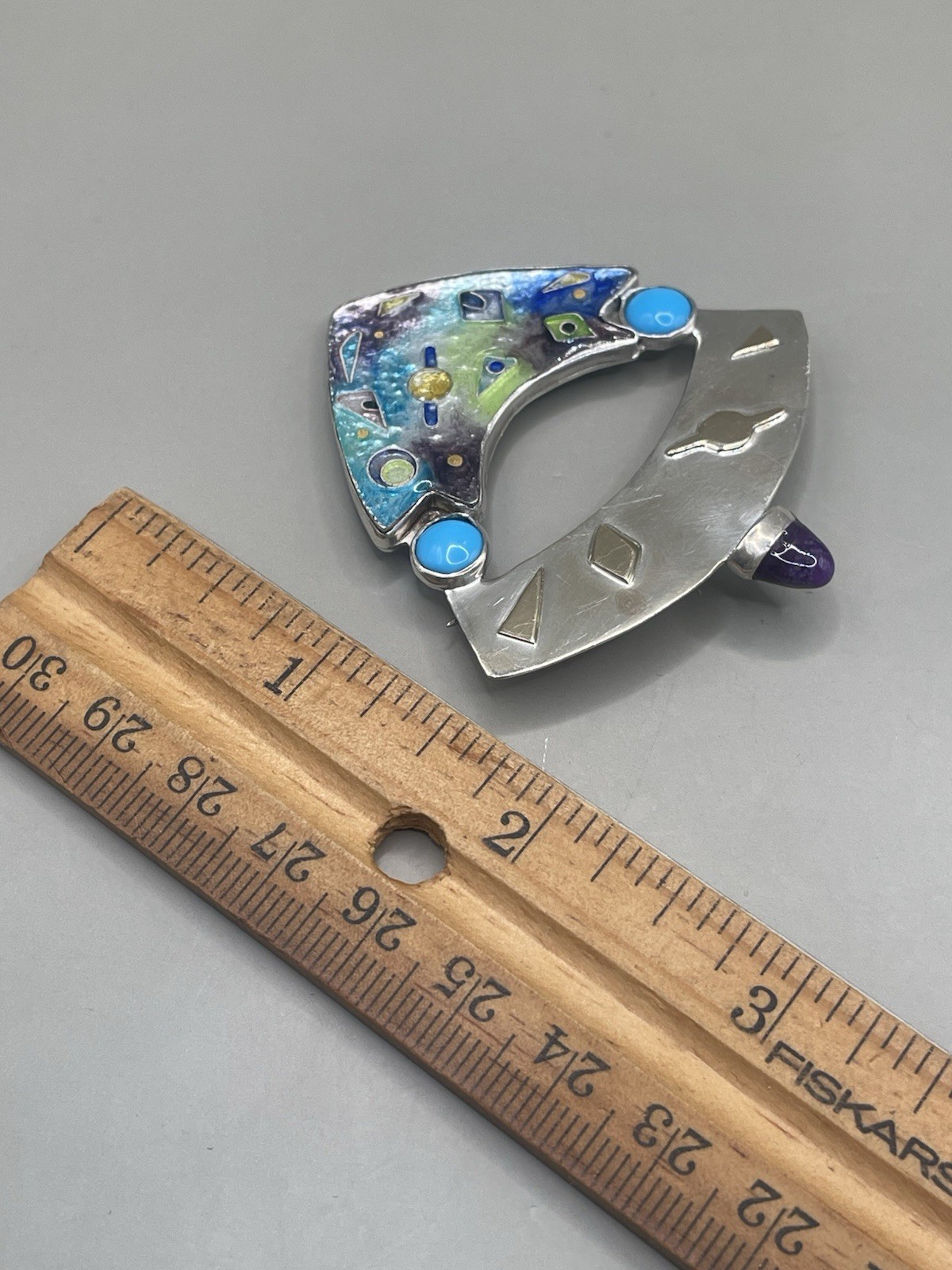 Vintage Kathy R Simonds Signed Sterling Silver 14K Gold Abstract Pin 2.3” Brooch