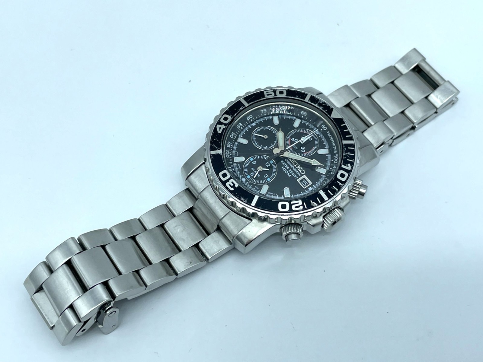 SEIKO Men’s Chronograph Watch Quartz Black Dial Alarm Band size 7.5in 7T62-0CV0