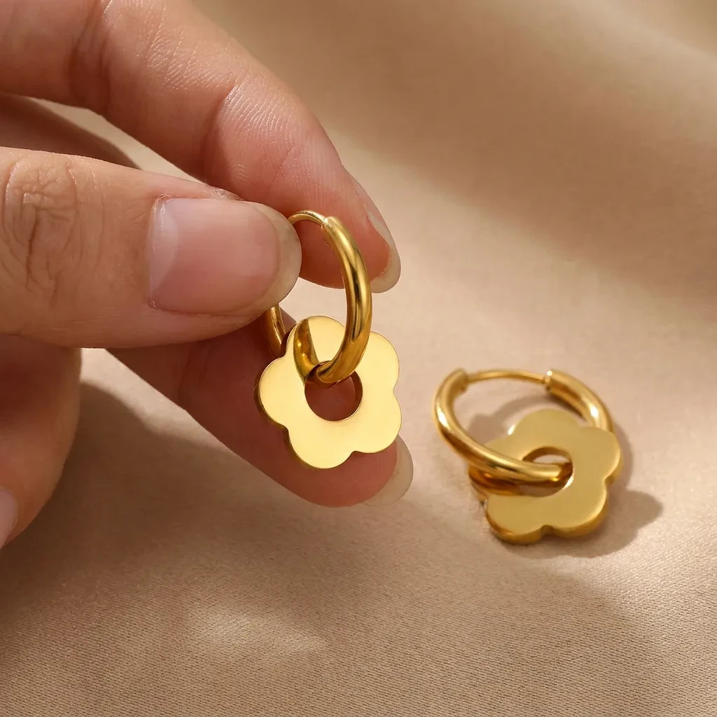 Gold Stainless Steel Flower Hoop Earrings Waterproof Huggie Earrings Women