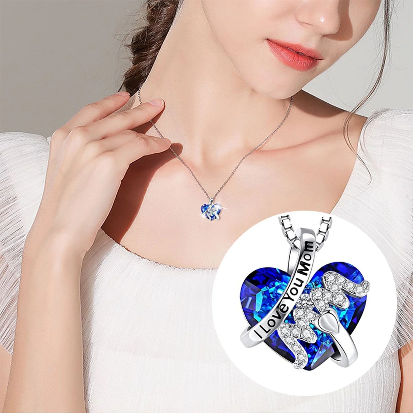 Heart Mom Pendant Necklace I Love You Mom Blue Crystal Silver Jewelry Gift