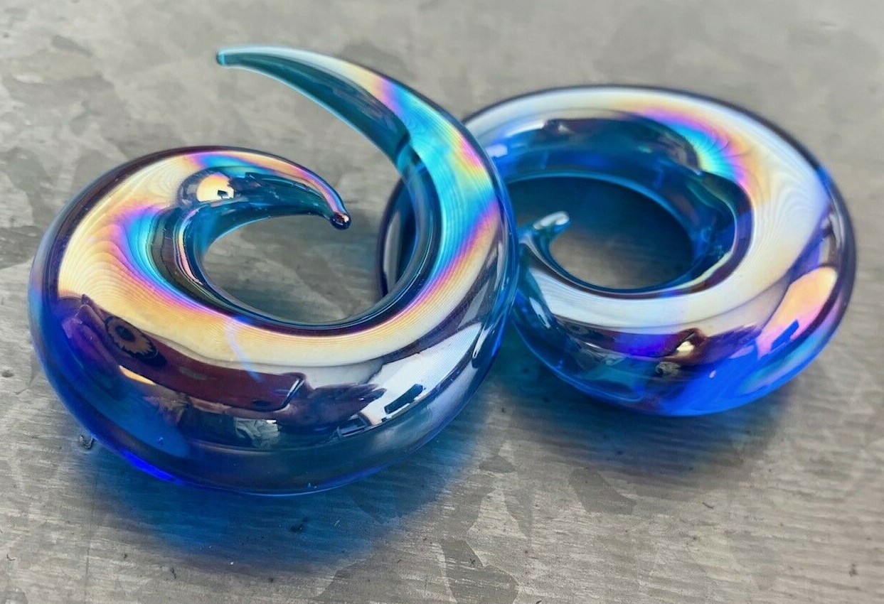 PAIR Blue Lucifer Glass Spiral Tapers Expanders Plugs Gauges Body Jewelry