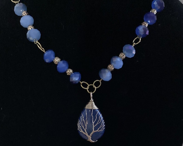 Blue Glass Beaded Necklace, Bracelet 3.5 inches across, Pendant Tree of life