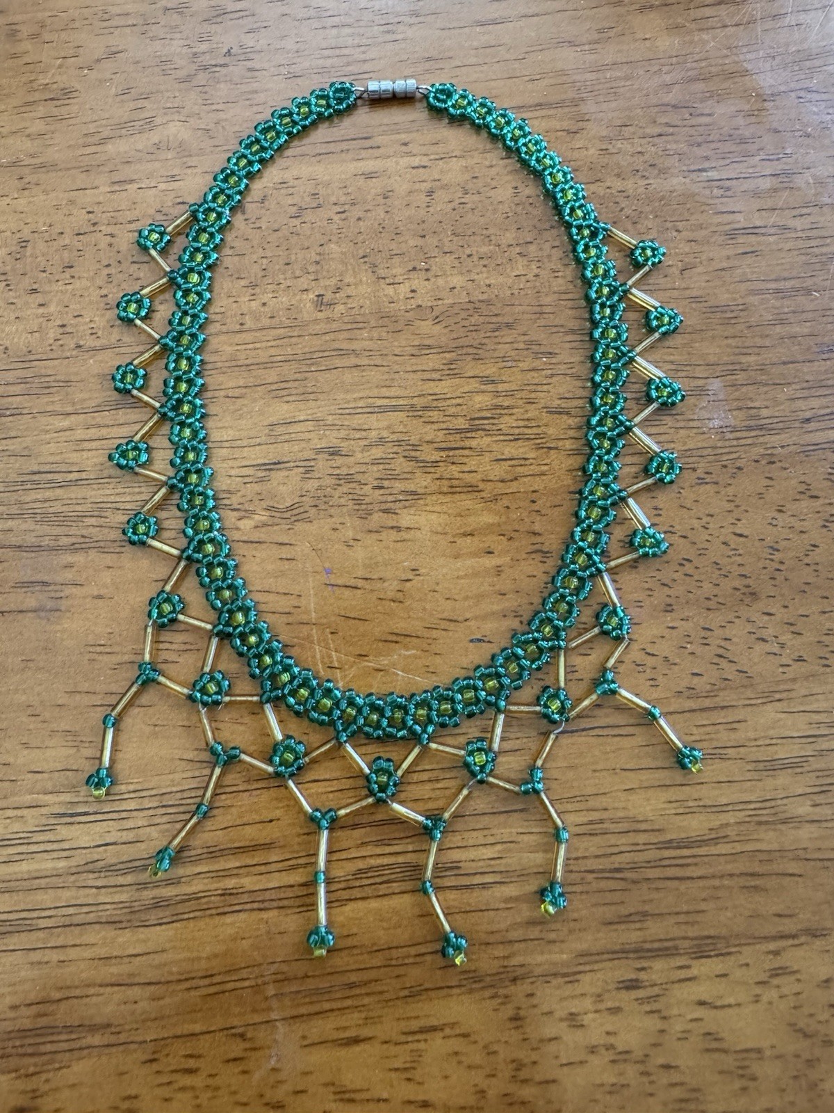 Handmade Beaded Statement Necklace Green And Yellow Choker BOHO Fringe