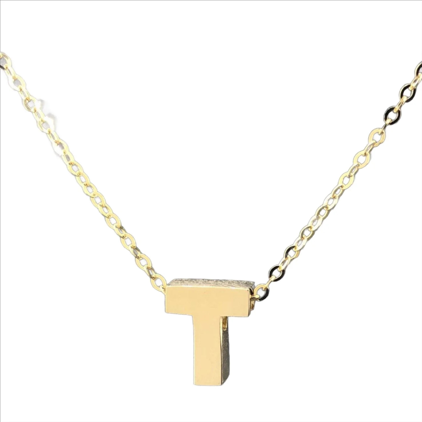 14K Yellow Gold initial ‘T’ pendant on a 16″ chain with a 2″ extender