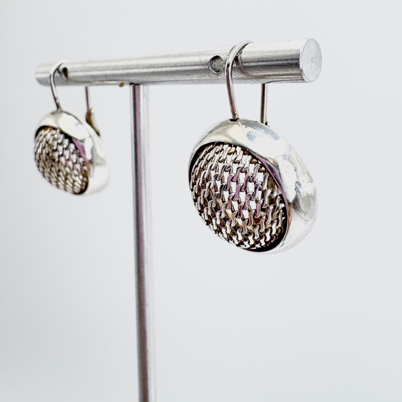 Mesh Design Circle Dangle Earrings A.S. Hallmark VTG Sterling Silver 925 1.2″ L