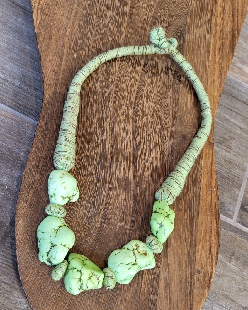 Vintage Green Gaspeite Nugget Yarn Wrapped Necklace Free Shipping