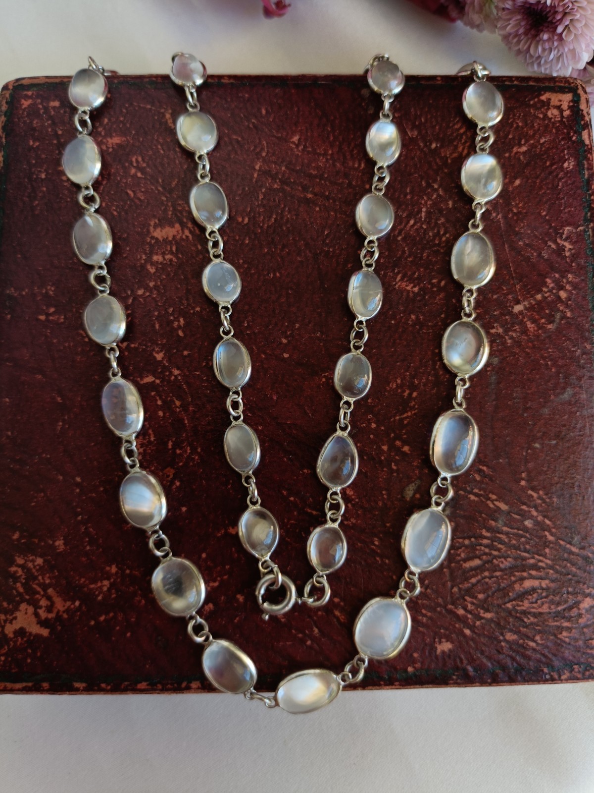 Vintage 1940’s Art Deco Sterling Silver & Moonstone Rivieré Necklace 55cm