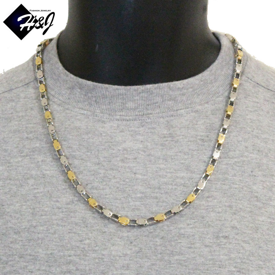 24″MEN’s Stainless Steel 5mm Silver/Gold Plated Box Bike Link Chain Necklace