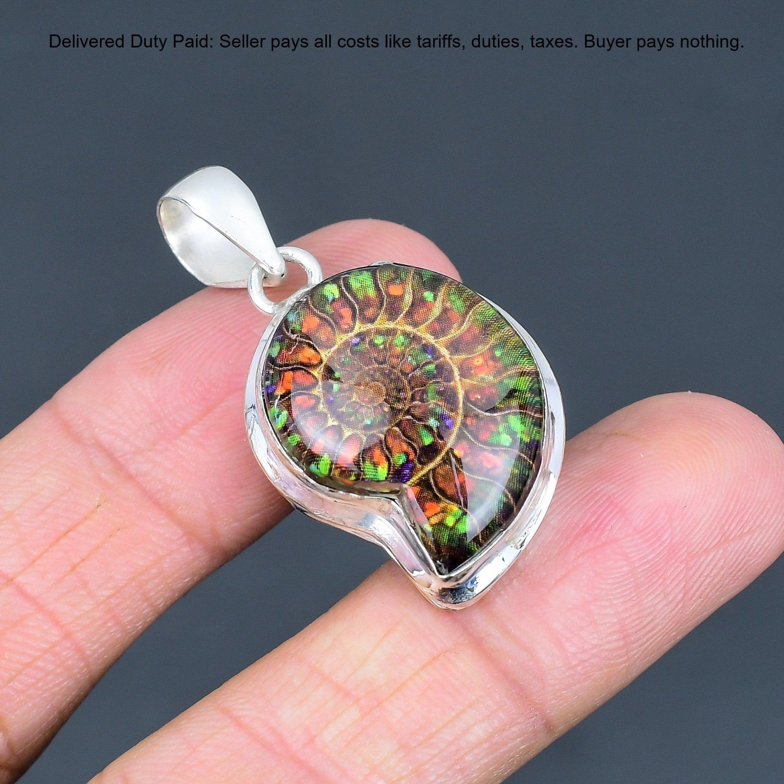 Valentines Sale Pear Ammonite Doublet Opal Stone Pendant Jewelry Sterling Silver