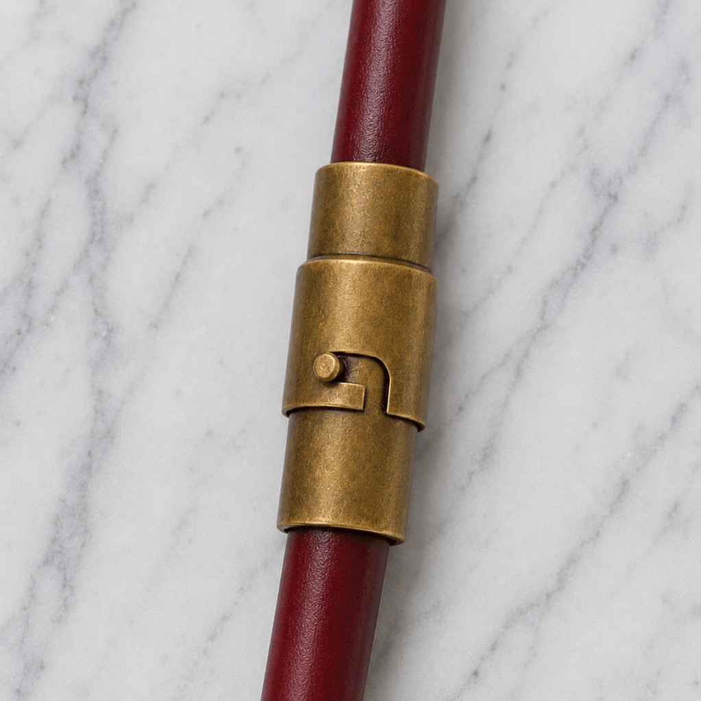 Men’s Burgundy Red Leather Bracelet, Antique Brass Barrel Clasp