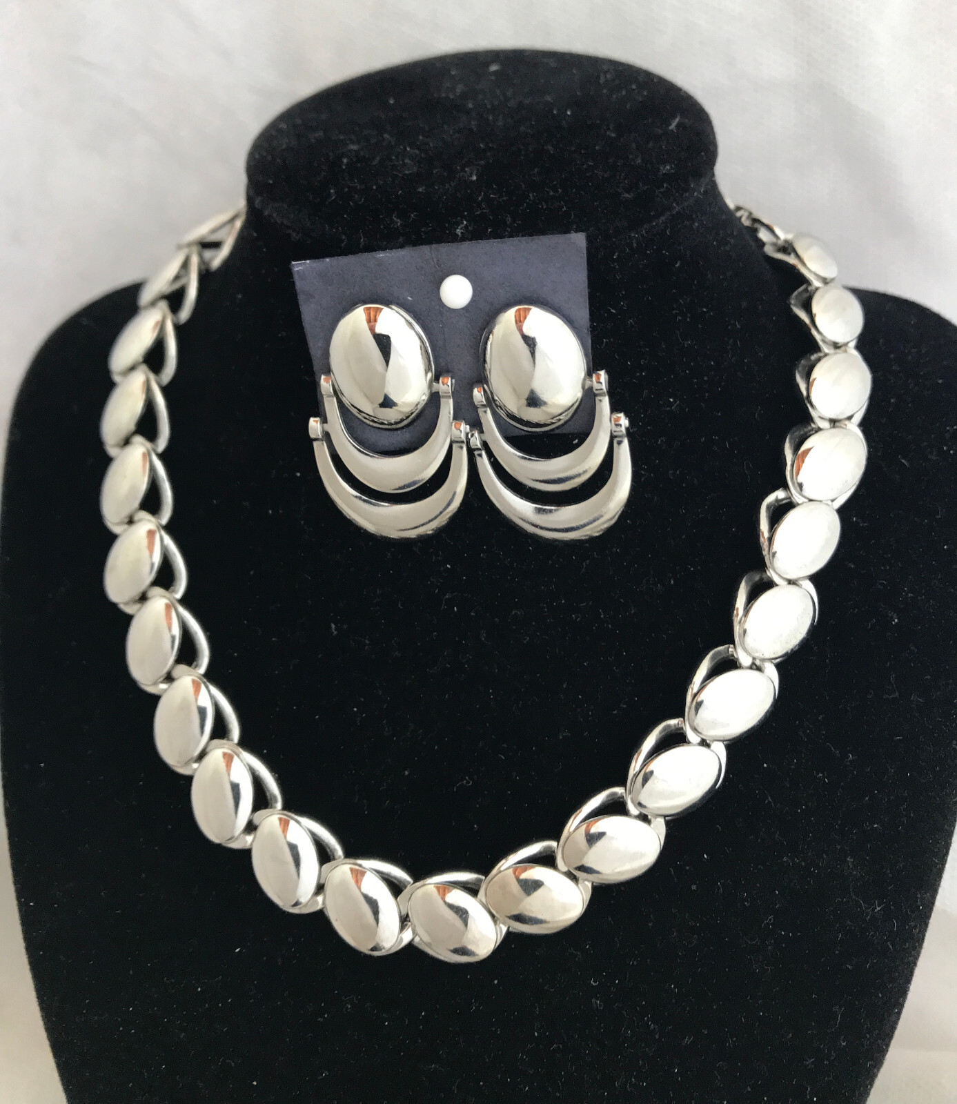 Vtg 1950-60s Shiny Choker Necklace Dangle Screw-back Earrings Cuban Chain Link