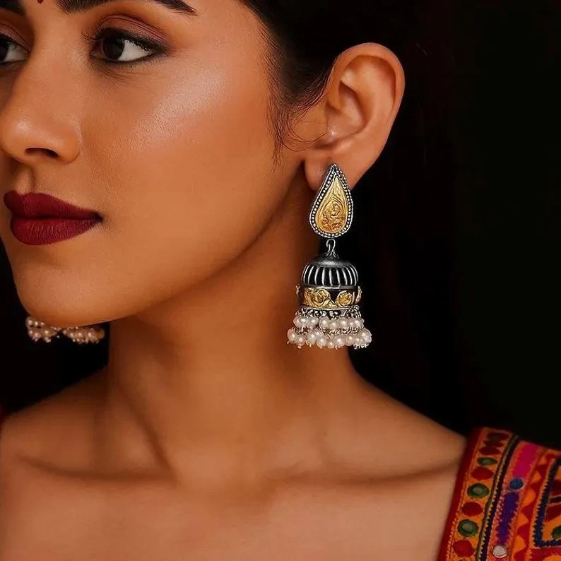 Oxidized Jhumka Earrings Gold Tone Pearl Drop Indian Ethnic Boho Jewelry Women