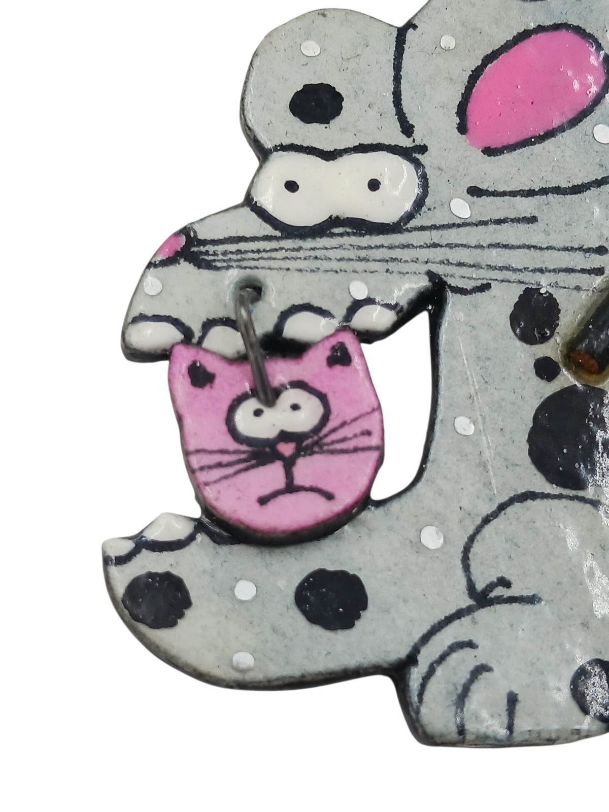 Mouse w/Cat Head In Mouth Brooch Pin Gray Glossy Cartoon Like Rat 2 1/8″ VTG