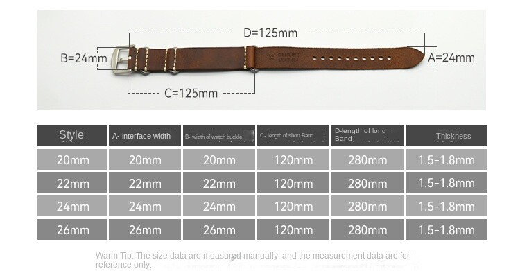 Cowhide Genuine Leather Watch Strap Mens Extra Long Single Pass Band 20/22/24/26