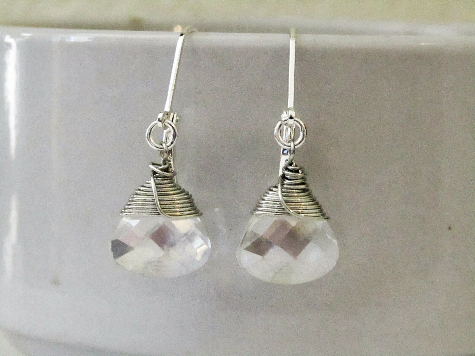 Clear AB Crystal Teardrop Silver LEVERBACK Dangle Earrings