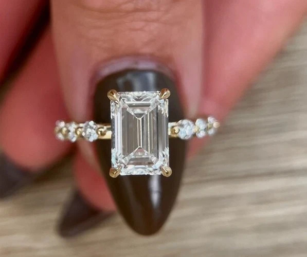 3.25 Ct Emerald Cut EF-VS1 Lab Grown/CVD Diamond Engagement Ring 14K Yellow Gold