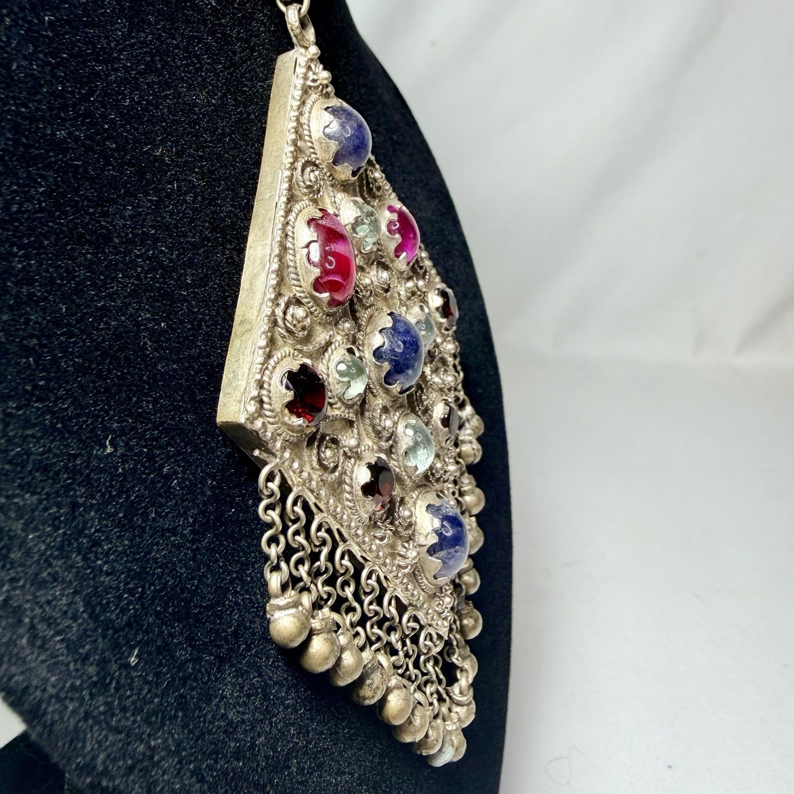 Vintage Kuchi Tribal Pendant Intricate Metalwork Adorned Colored Cabochons