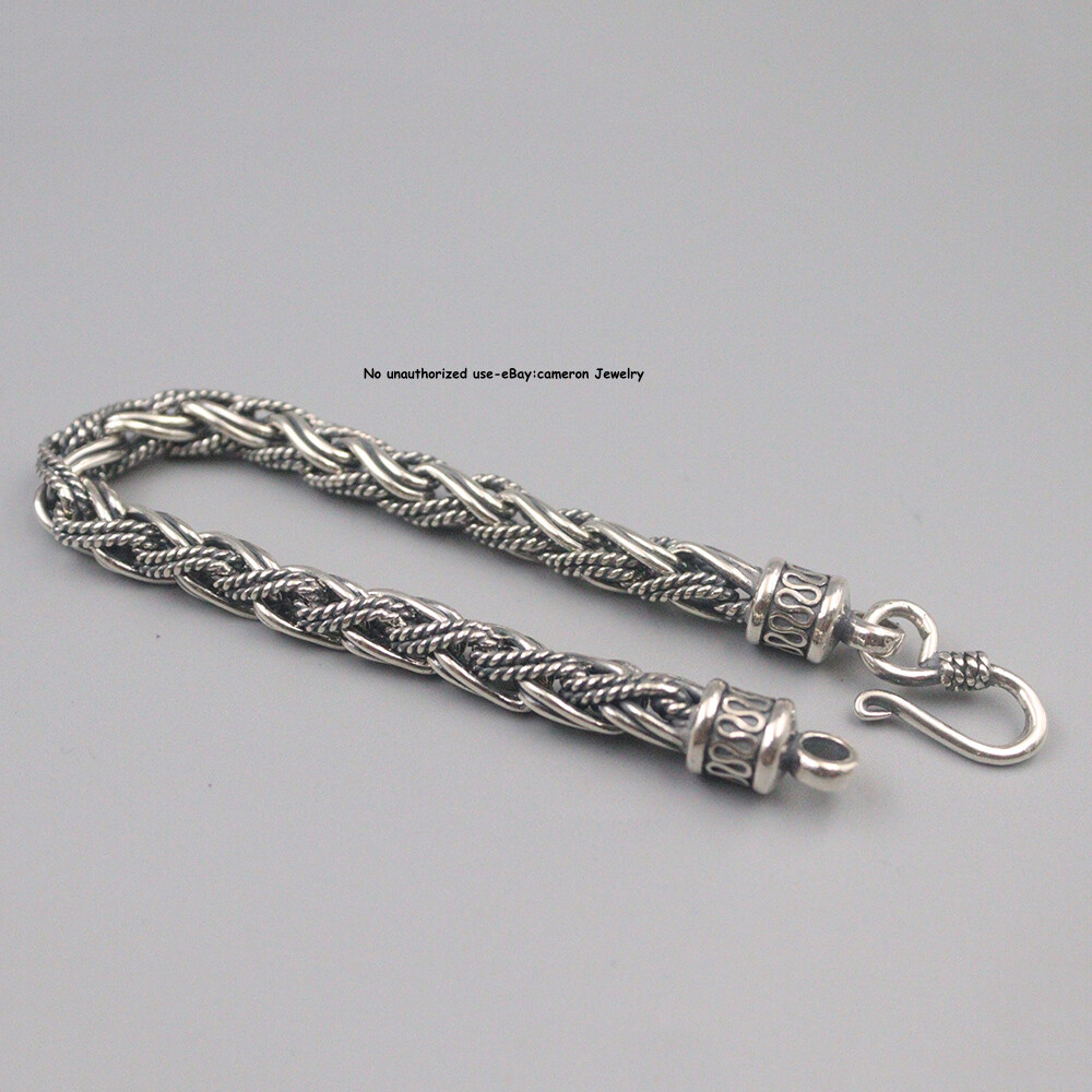 Solid S925 Sterling Silver Chain 7mm braided Wheat Link Bracelet 34-35g 7.9inch