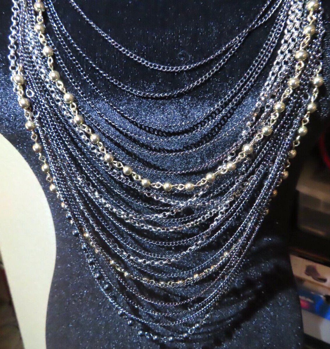 Black, Silver & Gold Tone Multi Strand Statement Necklace 40″ Long