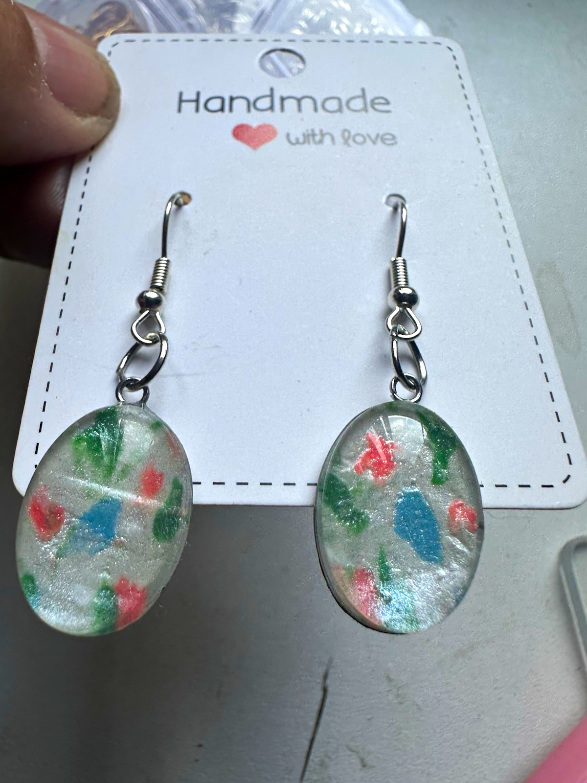 Multicolour Resin Oval Dangle/Drop Hook Earrings, Lobe, Handmade, No Stone