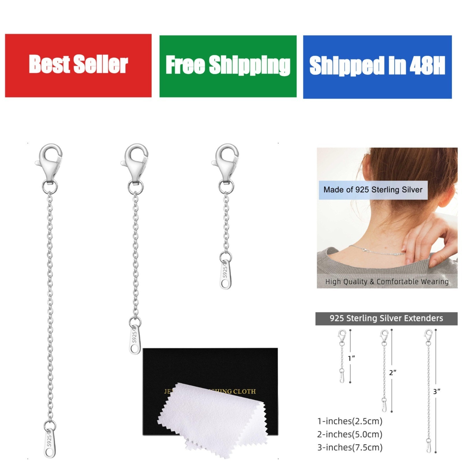 Sterling Silver Necklace Extenders 3 Piece Set for Women