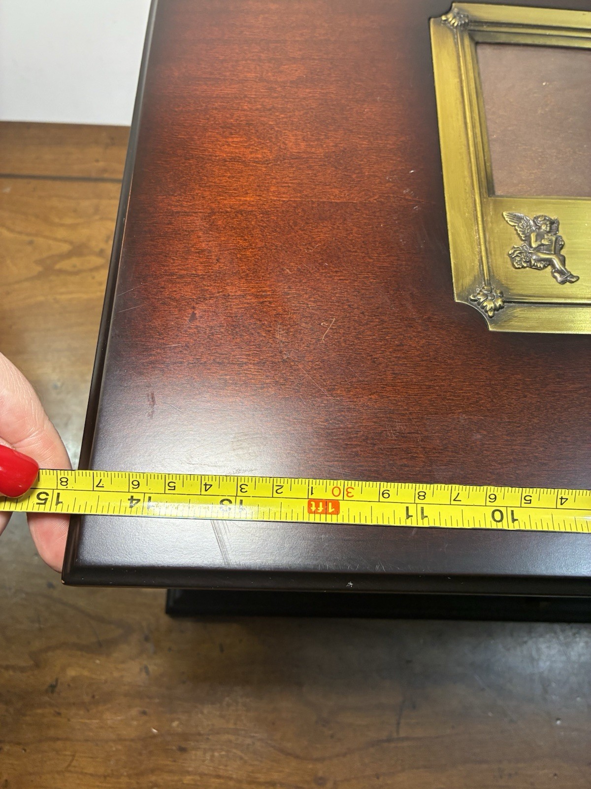 Vintage Bombay Co Large Mahogany Wooden Keepsake Jewelry Box Brass Picture Frame