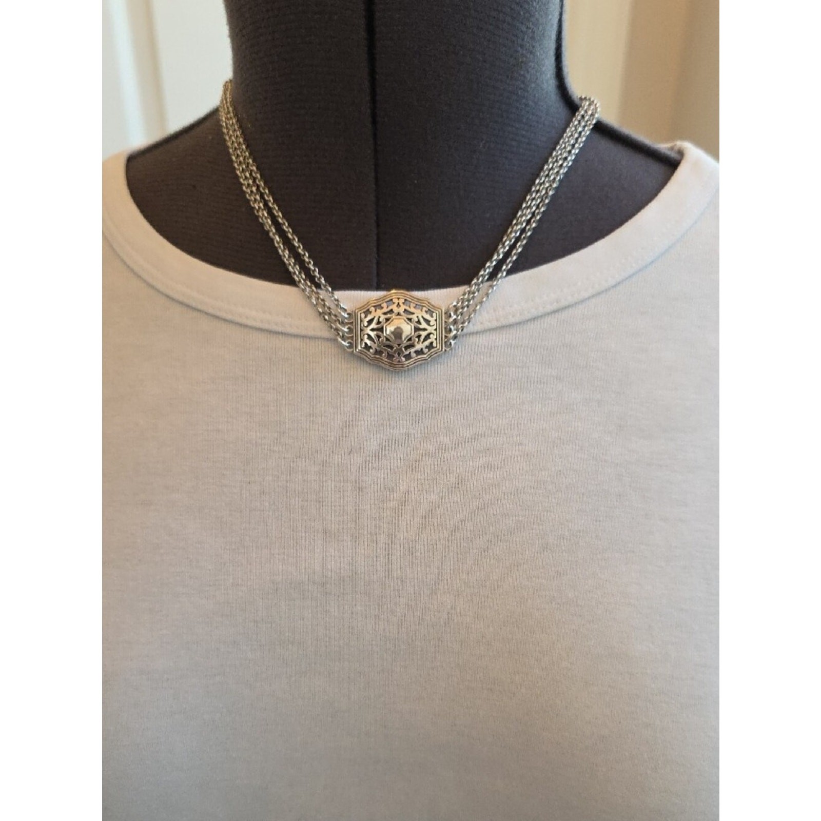 Brighton Silver-Tone Art Deco Filigree Triple Strand Necklace