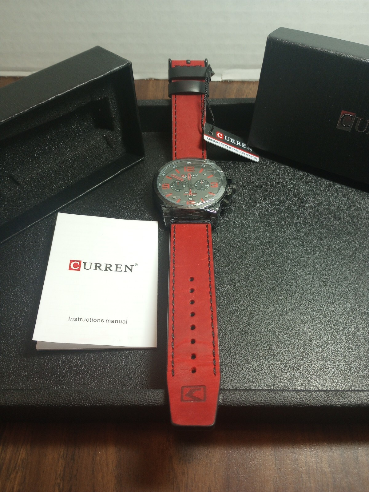 CURREN Casual Sport Men’s Watch Luxury Chronograph Black And Red Leather