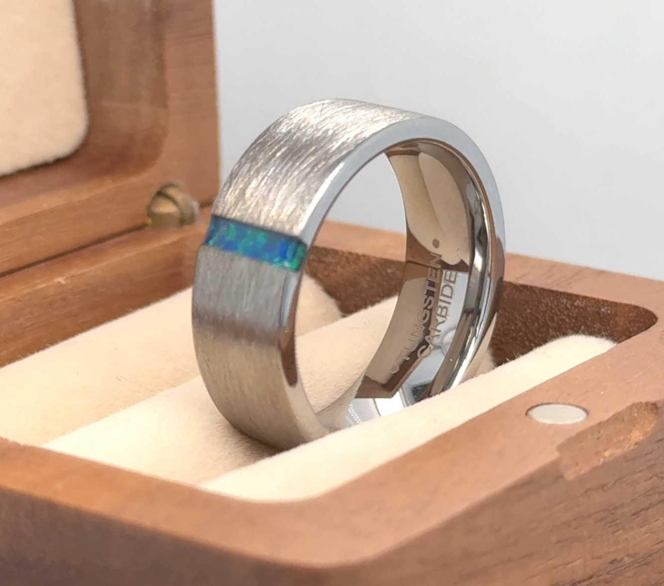 Pipe Cut Tungsten Wedding Rings Opal Engagement Ring Ice Brushed Lime Opal Ring
