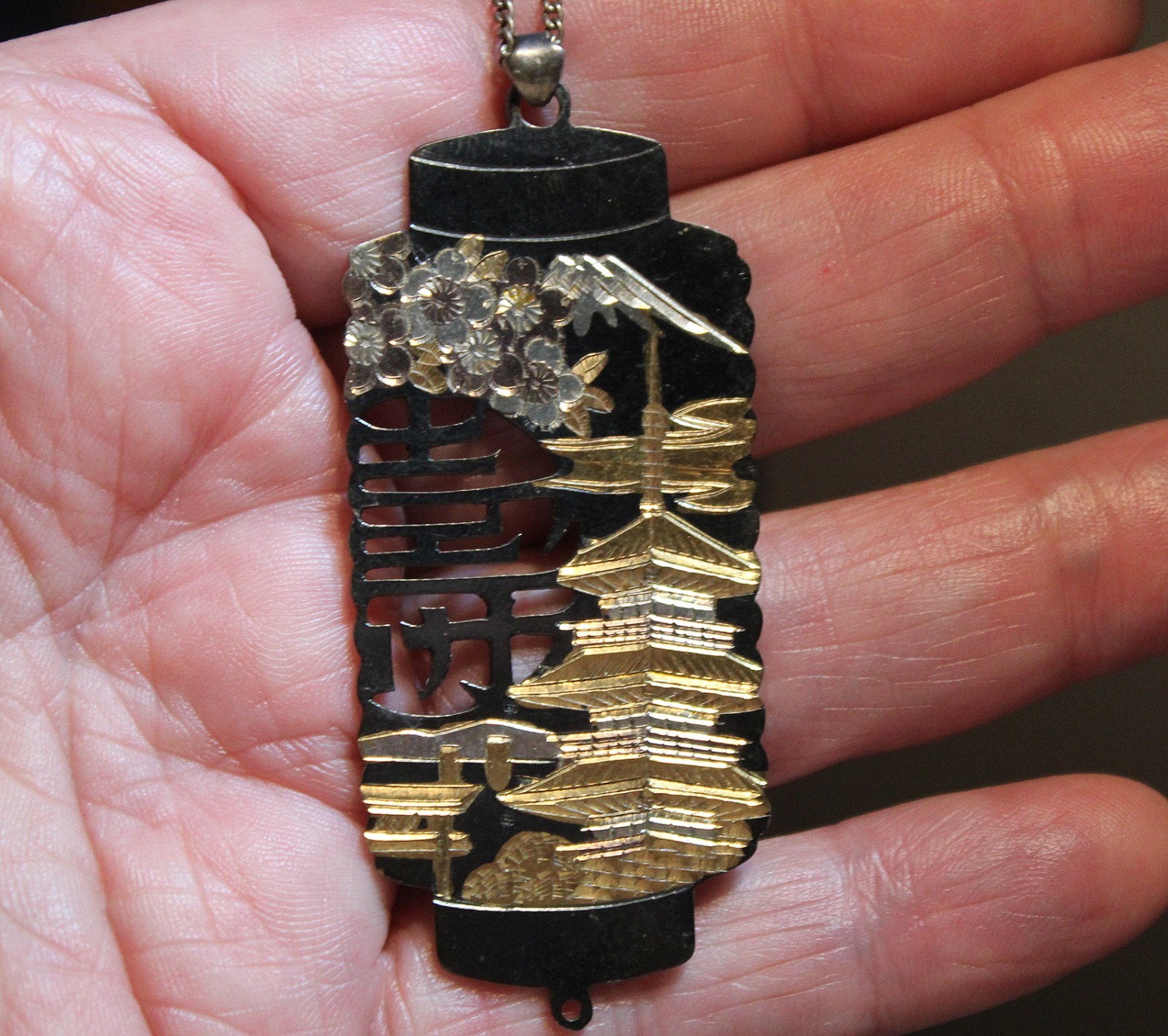 Old Japanese Damascene Sterling Silver & Gold Necklace Landscapes Houses 2 Sided