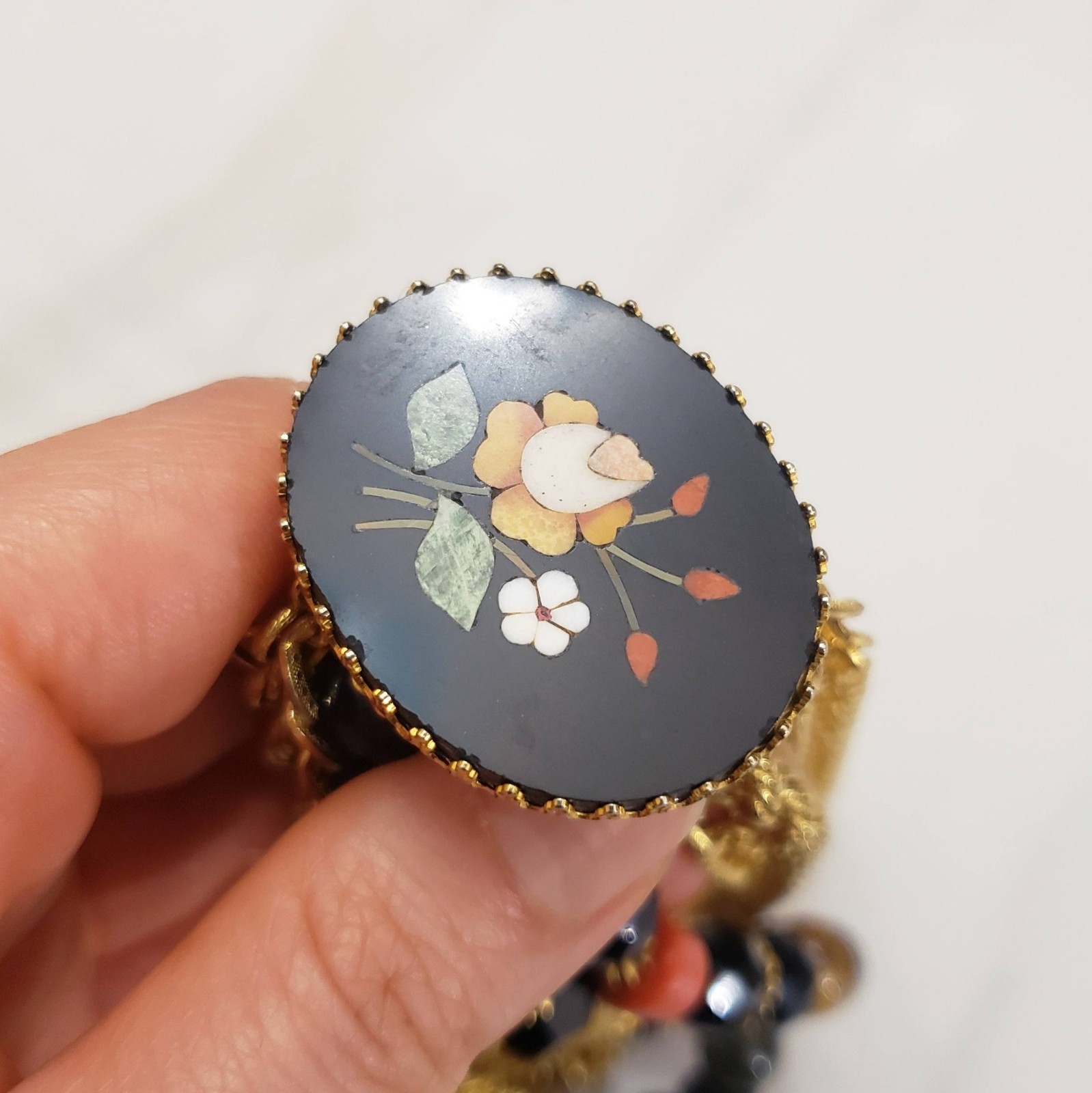 Vintage Pietra Dura Flower Mosaic Pendant Glass Bead Gold Tone Chain Necklace