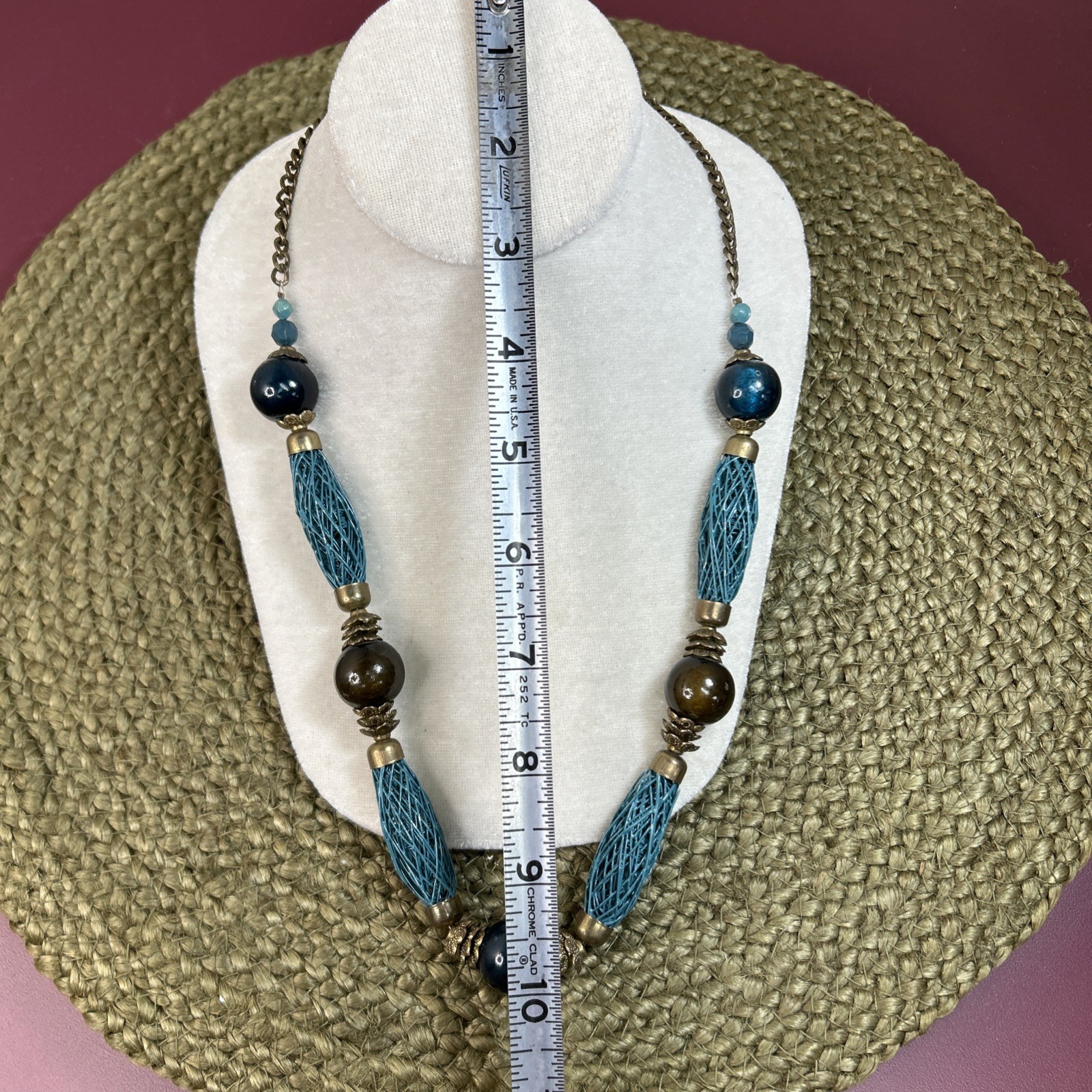 Vintage Chunky Necklace Blue Coated Wire Round Beads Muted Gold Accents